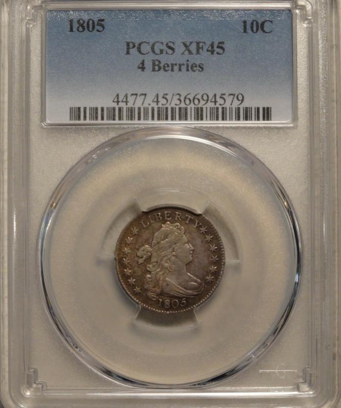 1805 Draped Bust Silver Dime, 4 Berries, PCGS XF45, Certified, Slabbed, RARE