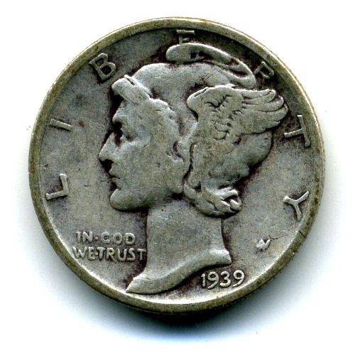 1939 P Mercury Head Dime 90% .900 Silver US 10 Cent U.S American 10c Coin #923