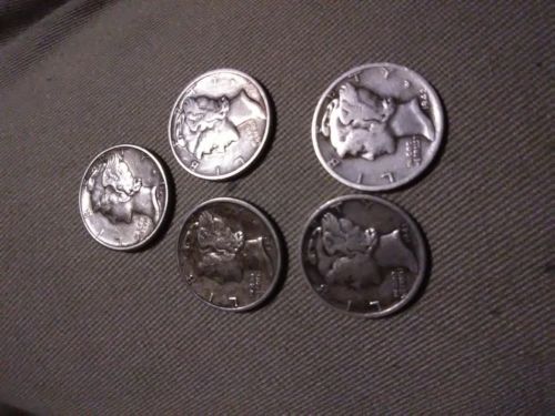 Mercury Dimes - Lot of 5, 1940's dates 90% Silver Mercury Dimes