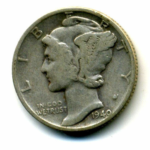 1940 P Mercury Head Dime 90% .900 Silver US 10 Cent U.S American 10c Coin #1062