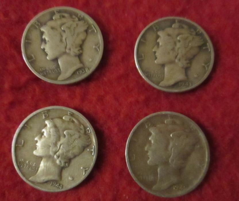 MERCURY DIMES - LOT OF 4  1938P, 1943P, 1944P, 1945S