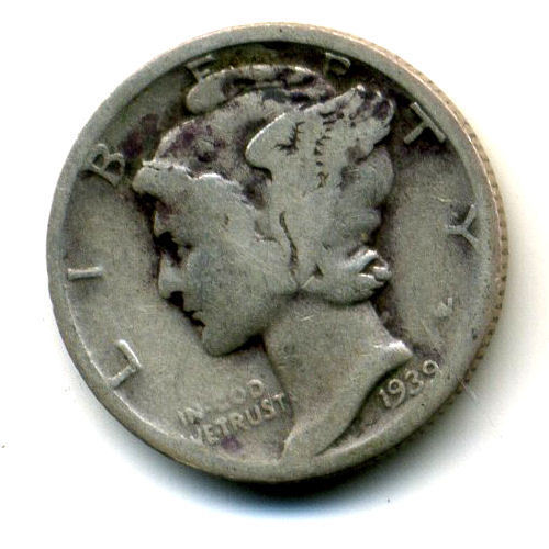 1939 P Mercury Head Dime 90% .900 Silver US 10 Cent U.S American 10c Coin #1061