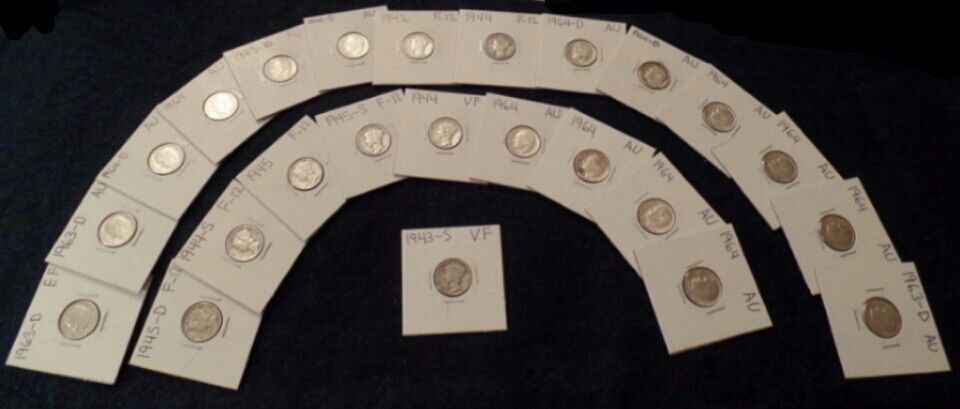 24 MERCURY & ROOSEVELT SILVER DIMES MIX DATES FINE TO AU 1942 TO 1964 NICE COINS
