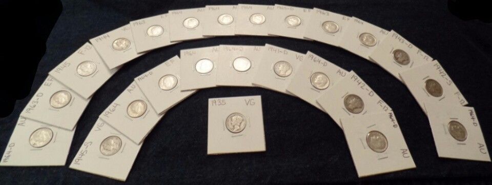 24 MERCURY & ROOSEVELT SILVER DIMES MIX DATES VG TO AU 1935 TO 1964 NICE COINS!
