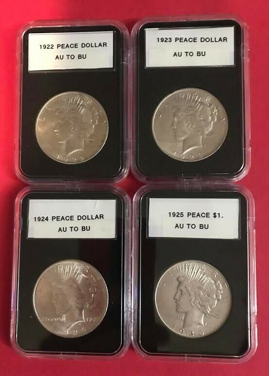 4PC SET PEACE DOLLARS, 1922,23,24,25, AU/BU, IN SNAP LOCK COIN HOLDERS.