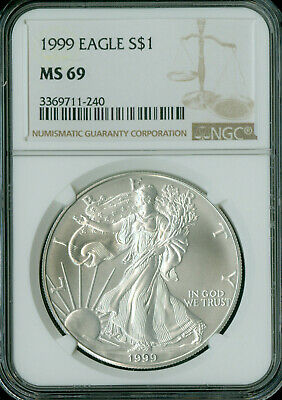 1999 SILVER EAGLE 1 OZ NGC MS69 2ND FINEST REGISTRY  *