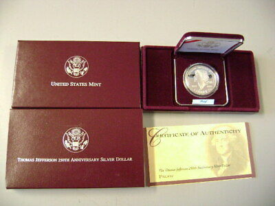 1993 THOMAS JEFFERSON 250TH ANNIVERSARY SILVER DOLLAR PROOF WITH BOX AND COA