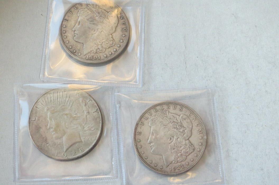Lot of 3 Silver Dollars  Morgan & Peace  1901-O  1921-D 1928-S  U S Coins