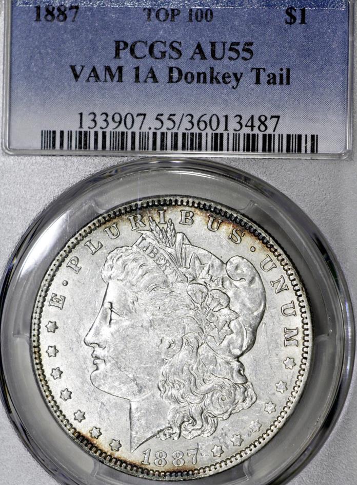 1887-P AU55 VAM-1A Donkey Tail Morgan Silver Dollar $1, PCGS Graded VAM!