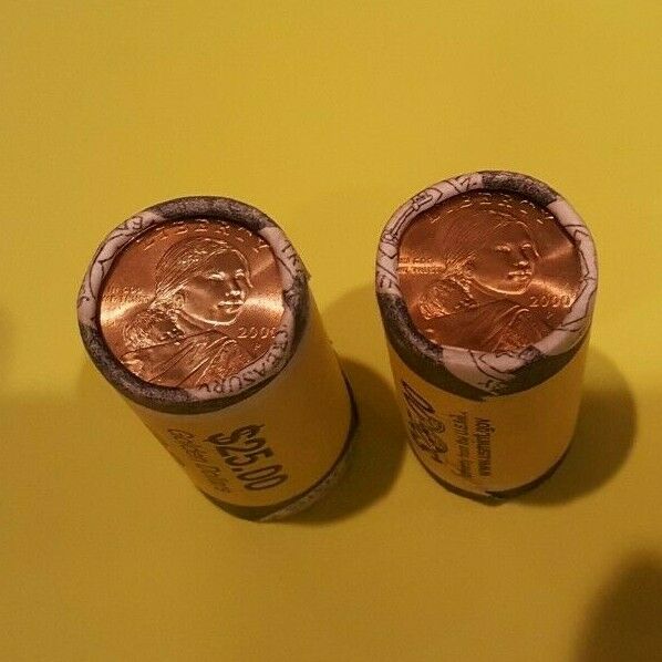Lot 2 U.S. Mint Rolls $25 Uncirculated 2000-P Sacagawea Golden Dollars $1 Coins