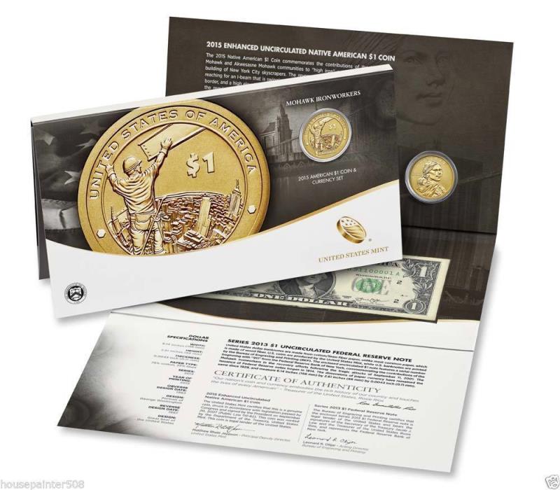 5 X 2015 W Sacagawea $1 Coin & Currency Set Enhanced  