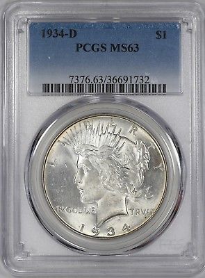1934 D PEACE SILVER DOLLAR S$1 NGC CERTIFIED MS 63 MINT STATE  (732)