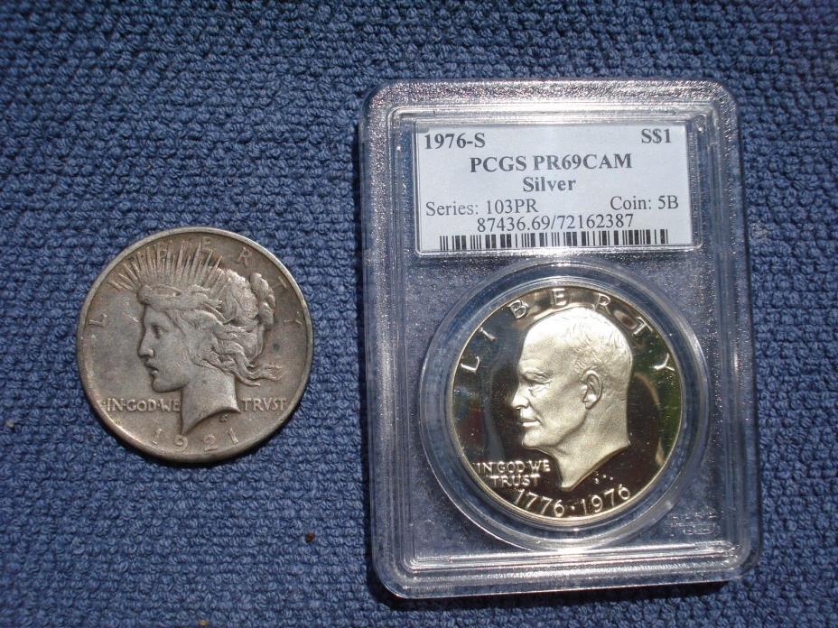 1921 SILVER  PEACE DOLLAR  + 1976 S SILVER EISENHOWER PROOF 69 CAMEO