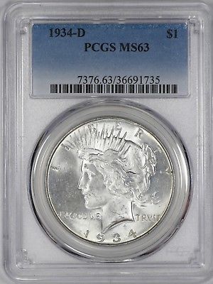 1934 D PEACE SILVER DOLLAR S$1 NGC CERTIFIED MS 63 MINT STATE  (735)