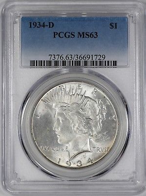 1934 D PEACE SILVER DOLLAR S$1 NGC CERTIFIED MS 63 MINT STATE  (729)