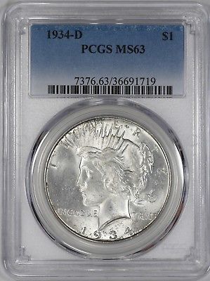 1934 D PEACE SILVER DOLLAR S$1 NGC CERTIFIED MS 63 MINT STATE  (719)