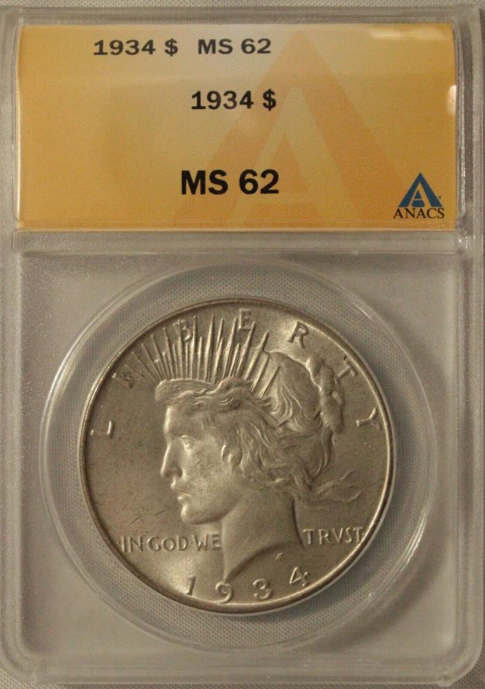 1934-P PEACE SILVER DOLLAR GRADED MS 62 BY ANACS
