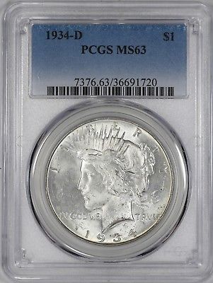 1934 D PEACE SILVER DOLLAR S$1 NGC CERTIFIED MS 63 MINT STATE  (720)