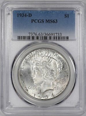 1934 D PEACE SILVER DOLLAR S$1 NGC CERTIFIED MS 63 MINT STATE  (733)