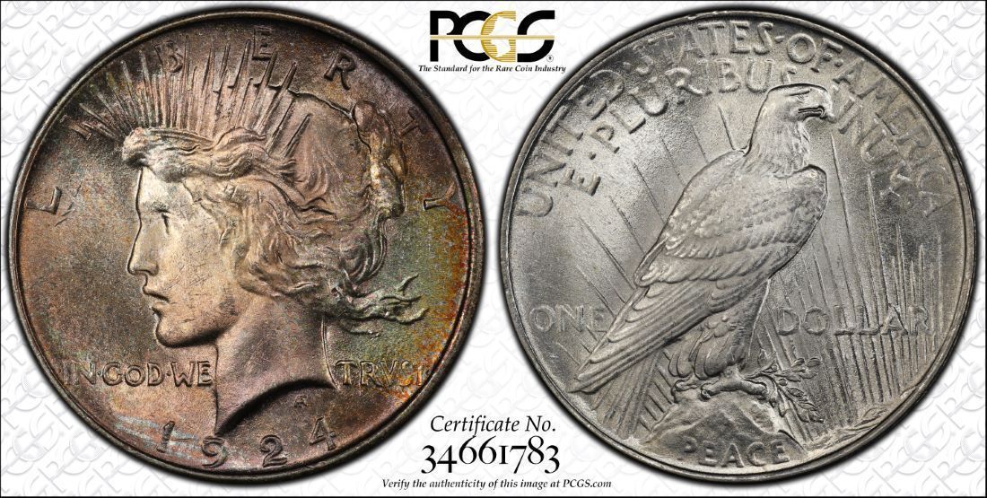 1924 Peace Dollar PCGS MS64.  Rainbow Color Toning on Obverse