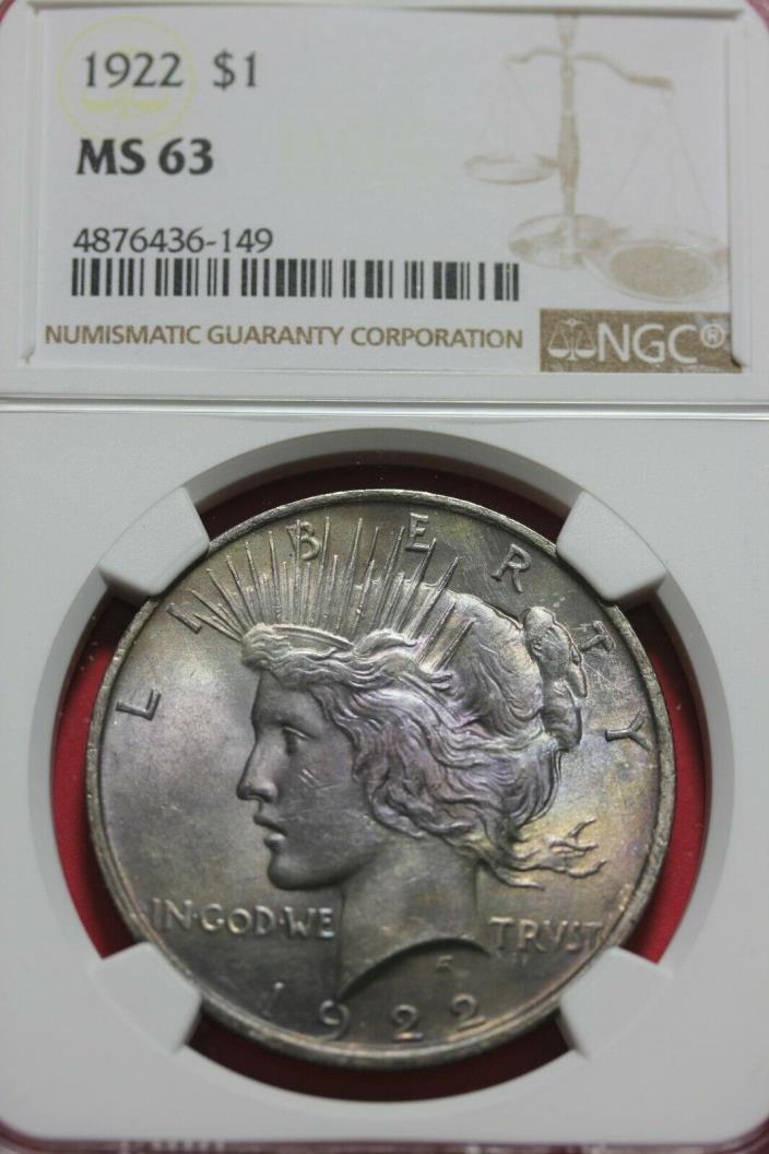 TONED 1922 P MS63 Peace Silver Dollar NGC Graded Certified Authentic OCE 1150