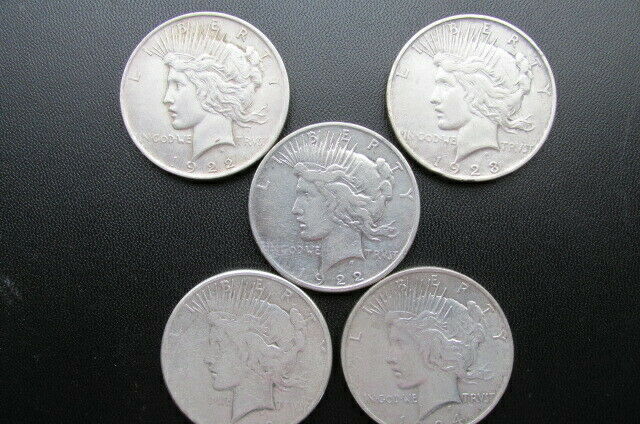 Peace Dollar Lot of 5 Silver coins Mixed Dates 1922 to 1924