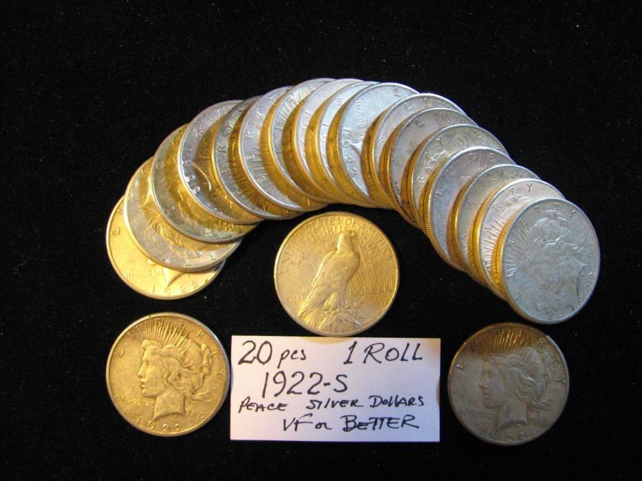 20 PCS PEACE SILVER DOLLARS ALL 1922-S VF OR BETTER. FREE SHIPPING
