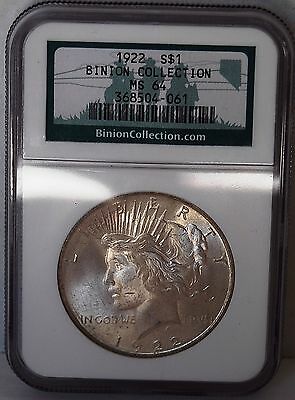1922 Silver Peace Dollar Binion Collection Hoard NGC MS 64 Light Toning US Coin