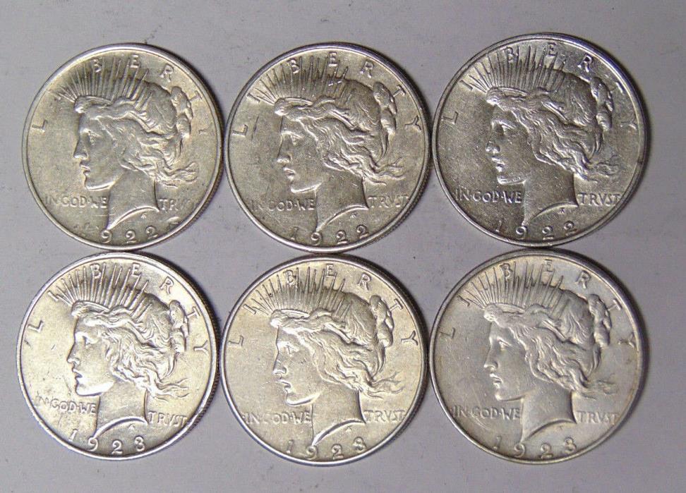 Lot of 6 Peace Silver Dollars 1922 1922-D 1922-S 1923 1923-D 1923-S