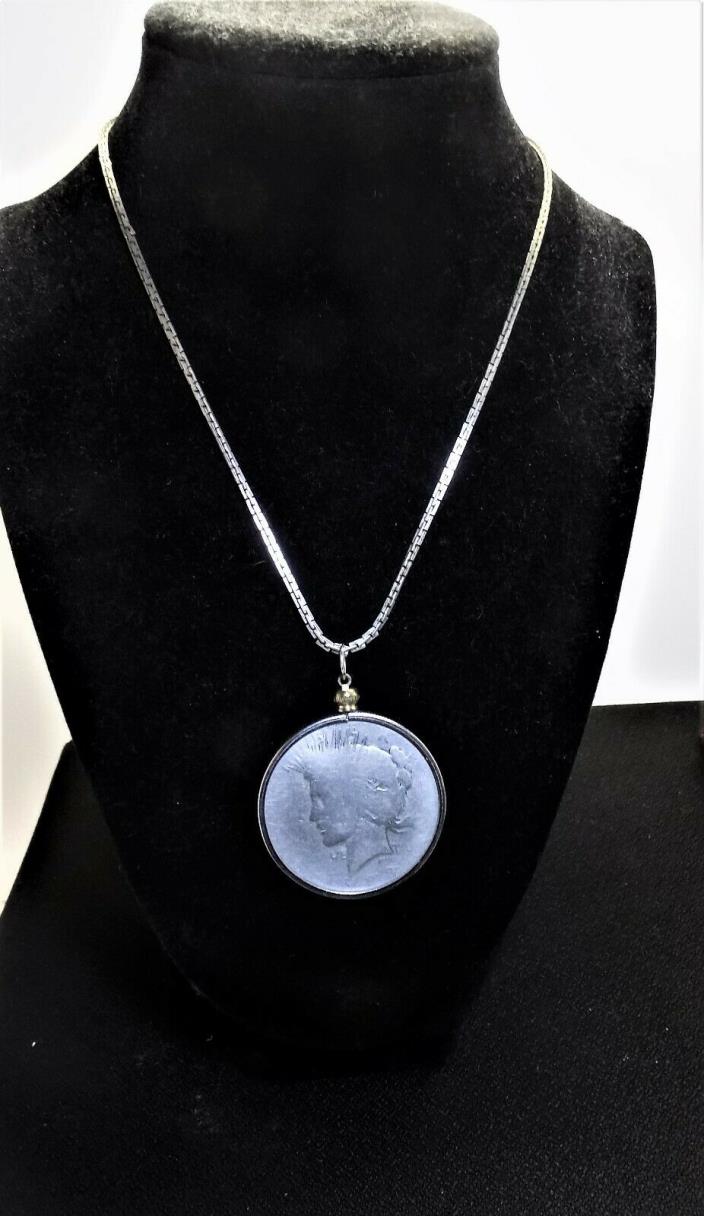 Vintage 90% Silver Peace Dollar Pendant and Silver Toned 16