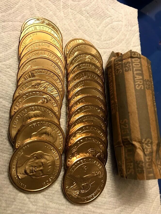 2007-D Roll of 25 Thomas Jefferson Presidential 1 Dollar Coins Uncirculated BU