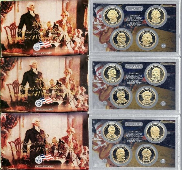 2007-2009 S Proof Presidential Dollar Sets : w/ Boxes & COAs
