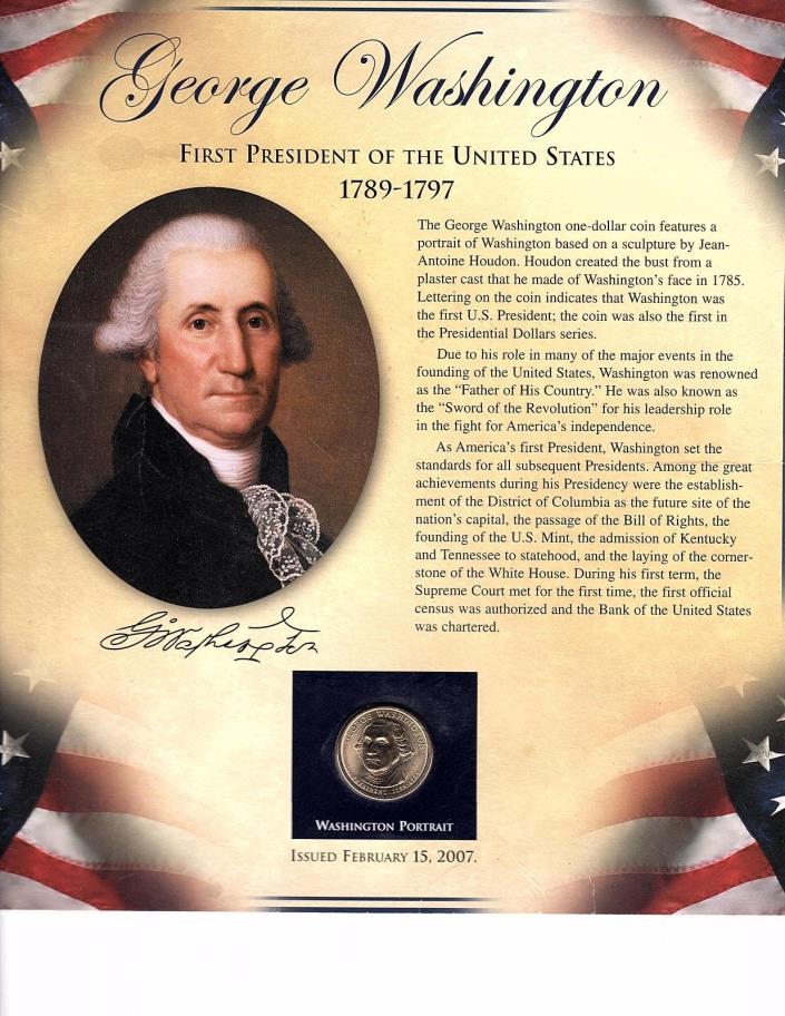 2007 George Washington Presidential $1 Coin & 2 Stamps Uncl on Biography Card