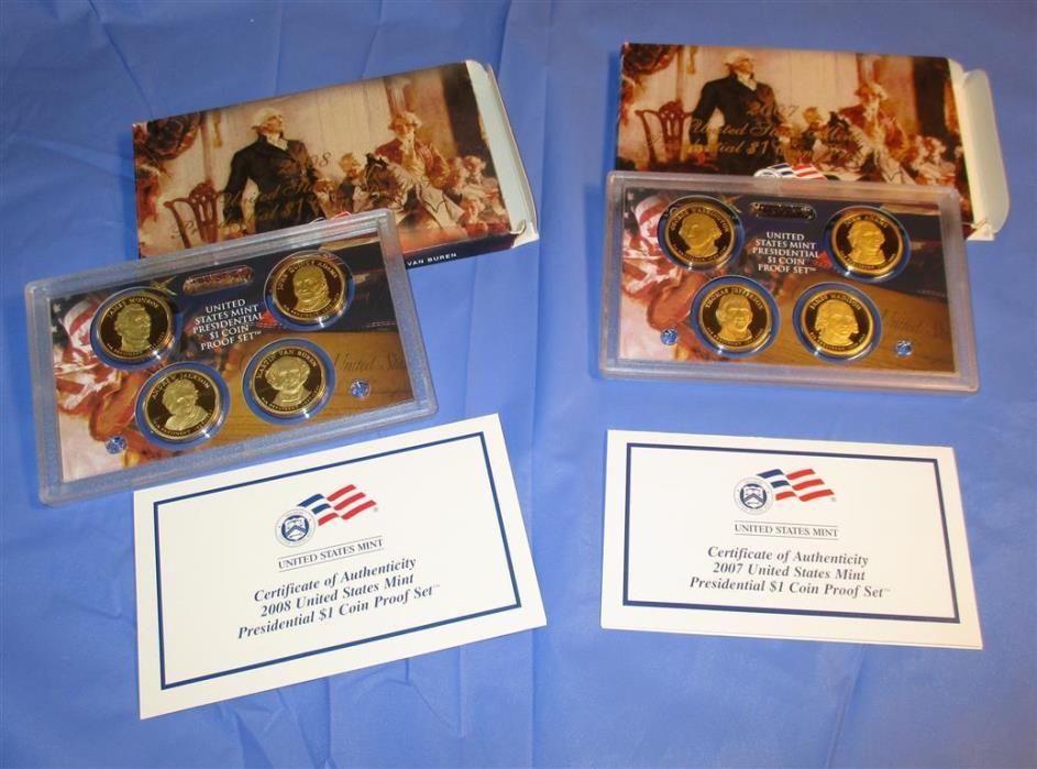 2007,2008 LOT PRESIDENTIAL Dollar Proof US Mint Coin Sets,box,COA,4 $1 each