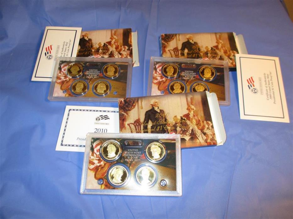 2007,2008,2010 LOT PRESIDENTIAL Dollar Proof US Mint Coin Sets,box,COA,4 $1 each