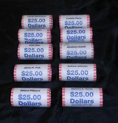PRESIDENTIAL DOLLAR COIN LOT OF 10 DIFFERENT BANK ROLLS, WASHINGTON-GRANT!