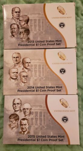 2013 2014 2015 Proof Presidential Dollar Coin Sets with Boxes and COA #22