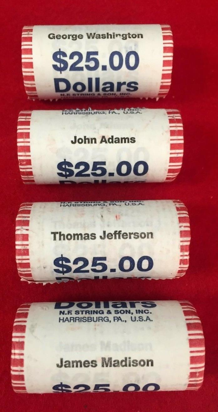 First Four (4) Founding Father Presidential Dollar Coin Rolls >> W., A,, J. & M.
