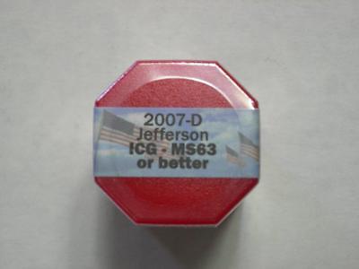 2007-D JEFFERSON 20 COIN DOLLAR ROLL GRADED BY ICG- MS63 OR BETTER SEALED