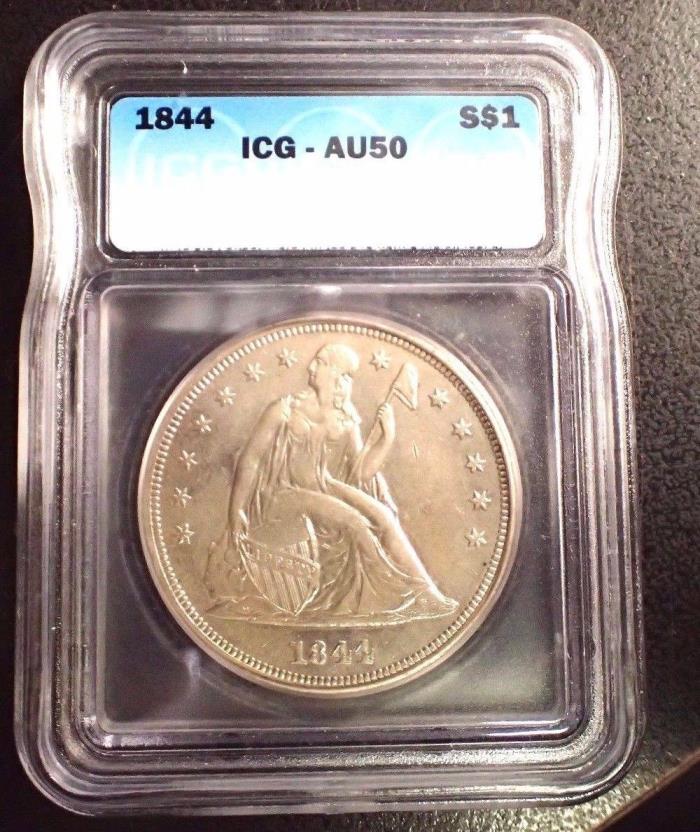 1844 SEATED LIBERTY SILVER DOLLAR NICE ICG CERTIFIED AU50 NICE NO PROBLEM COIN