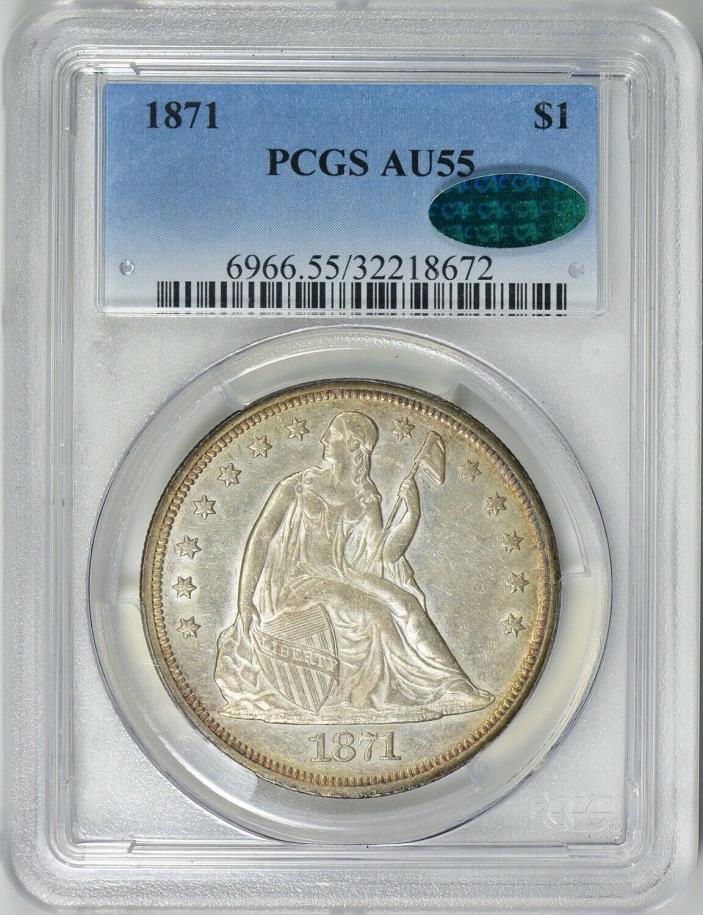 1871 Seated Liberty Silver Dollar $1 - PCGS AU 55 & CAC Approved, rim toning