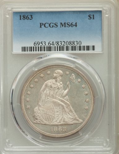 1863 US Seated Liberty Silver Dollar $1 - PCGS MS64