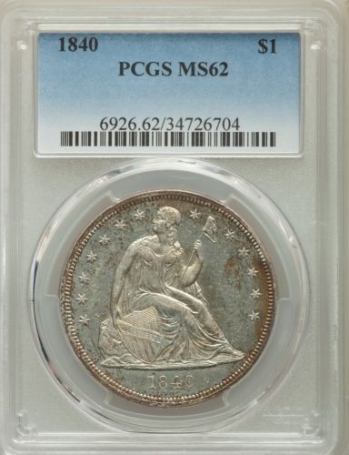 1840 US Seated Liberty Silver Dollar $1 - PCGS MS62