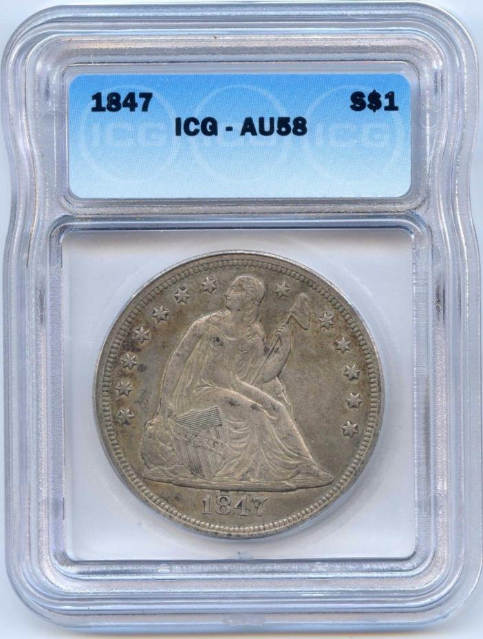 1847 $1 Liberty Seated Silver Dollar. ICG Graded AU 58.  Lot #2120