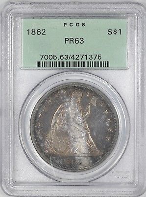 1862 SEATED LIBERTY DOLLAR $1 PCGS CERTIFIED PR63 OGH OLD GREEN HOLDER UNC (375)