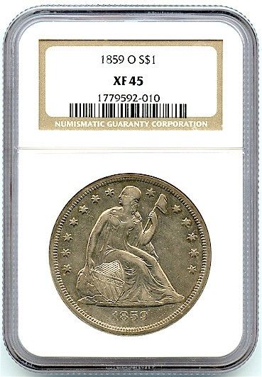 1859-O Liberty Seated Silver Dollar, NGC XF-45, Nice Silver Toning, Great Coin!
