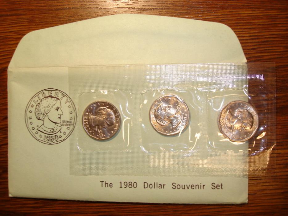 1980 UNCIRCULATED MINT SOUVENIR SUSAN B ANTHONY THREE COIN SET (P D S).