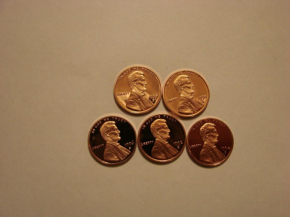 LOT OF 5 PROOF SMALL CENT, PENNY 1996,97,98,94, AND 92