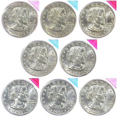 1979 PD 1980 PDS 1981 PDS Susan B Anthony BU Dollar US Mint Cello Run 8 Coin Set