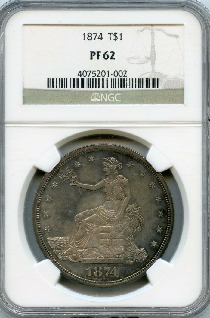 1874 T$1 Seated Liberty Trade Dollar NGC PF 62 Even Medium Steel Gray Toning